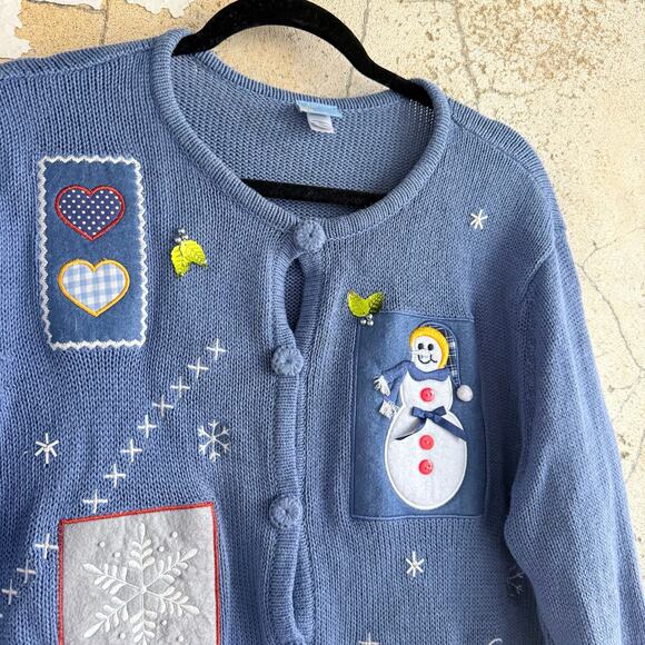 Christmas Sweater Cardigan Snowman Sleigh Presents Embroidered Womens XL Holiday - Picture 3 of 8